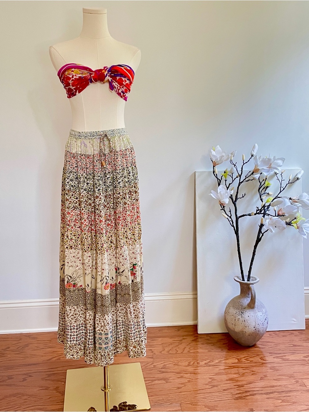 Boho Patchwork Tiered Floral Maxi Skirt L/XL Festival Cottagecore Prairie Indi